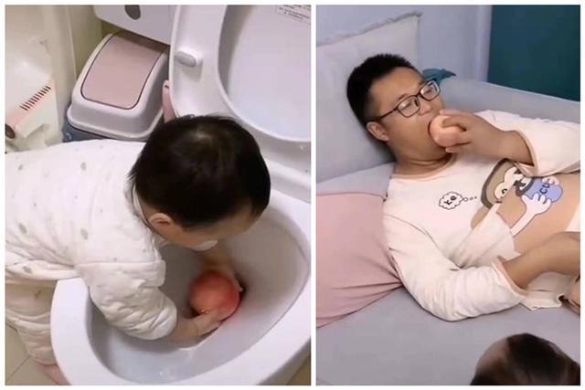 “贴心宝宝”走红，用马桶里的水给爸爸洗苹果，网友：这棉袄漏风