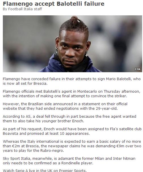 还记得他吗？巴洛特利转会巴甲失败时隔3年有望重返意甲