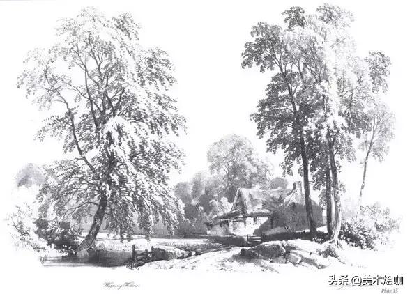 素描风景临摹高清大图简单范本,有山有水有倒影的素描风景图