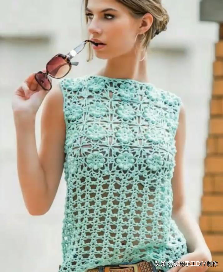钩针蕾丝背心,针织背心手织花形图案