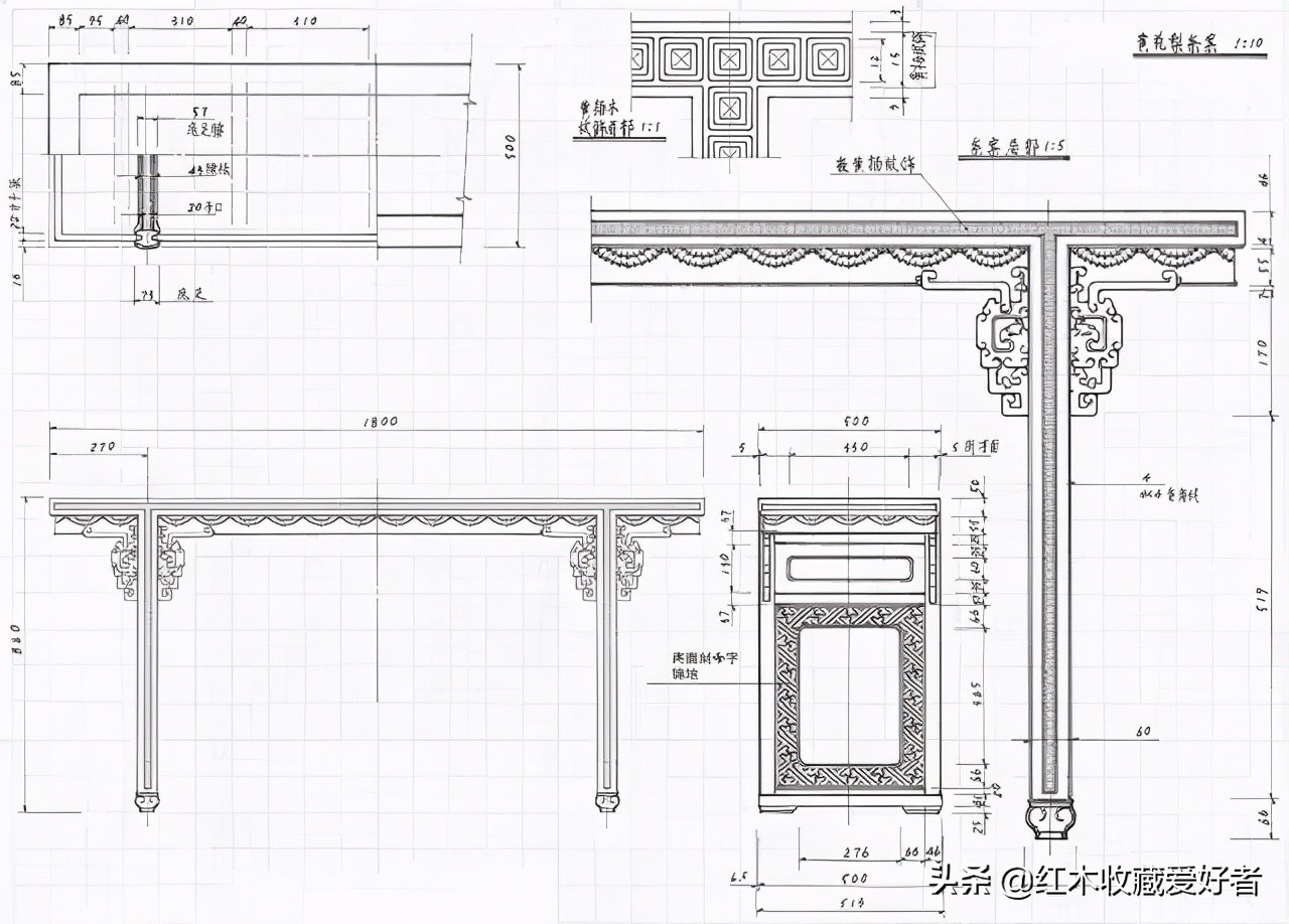 中国传统家具手绘三视图,古典家具设计图纸