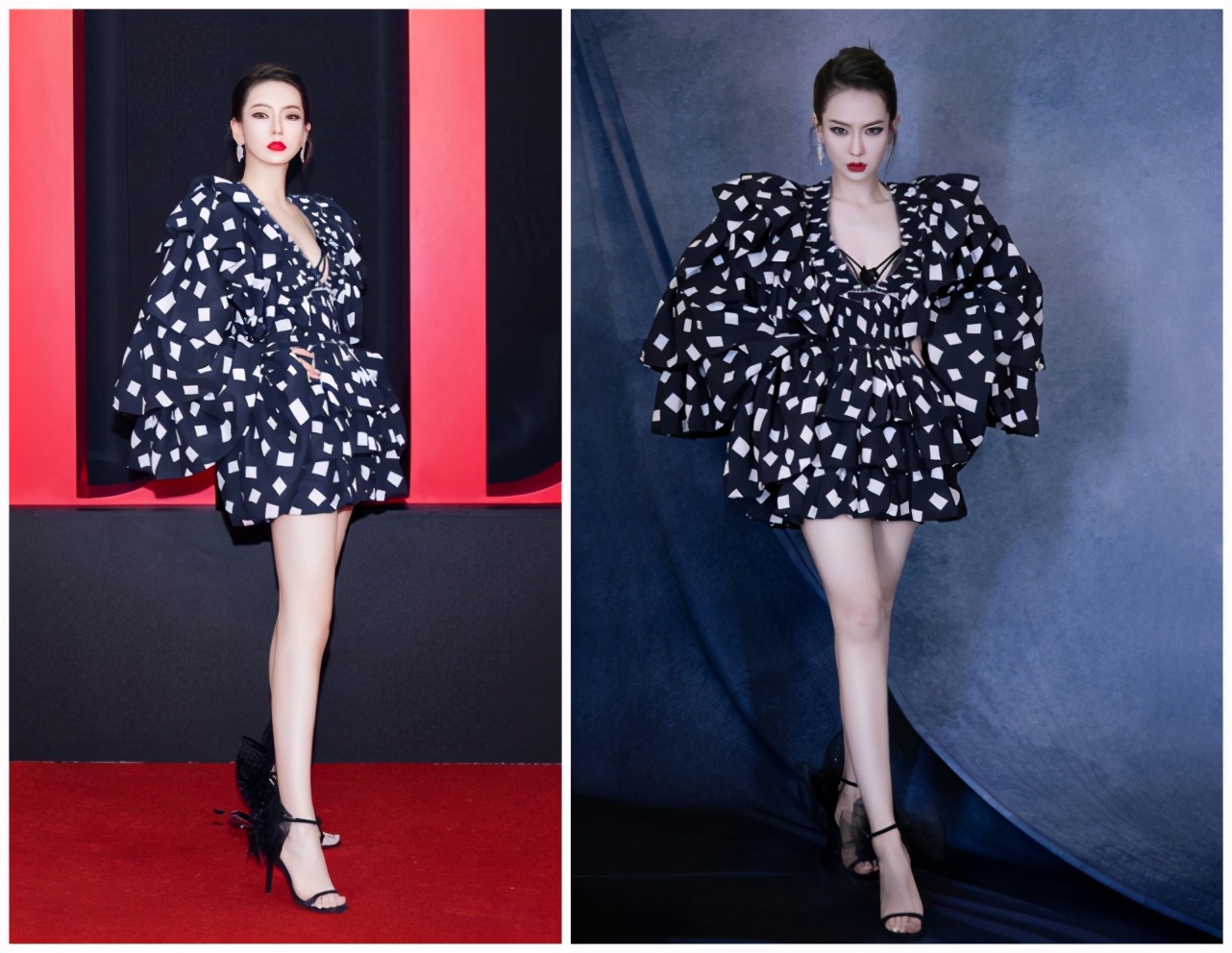 乔欣红色丝绒长裙造型,钟楚曦发型乔欣