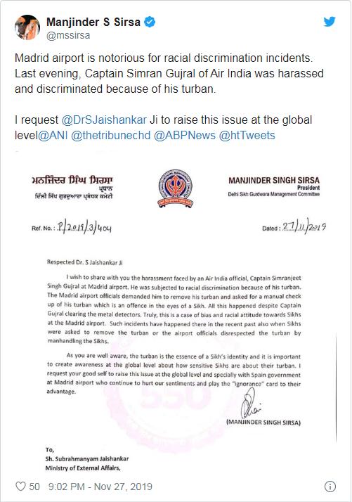 锡克教机长被马德里机场强迫摘头巾安检,印官员呼吁与西班牙对抗