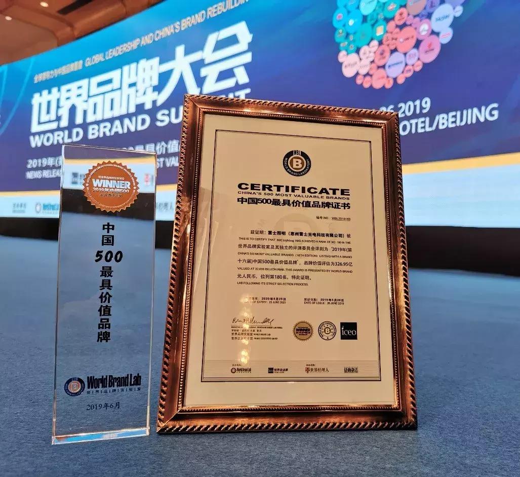 雷士照明2019品牌价值326.95亿元,连续八年蝉联照明行业第一