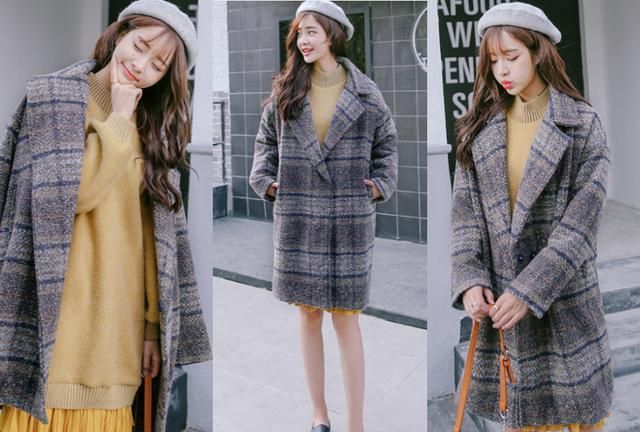 格子大衣搭配女秋冬气质时尚穿搭,膝盖以上的格子大衣搭配裙子