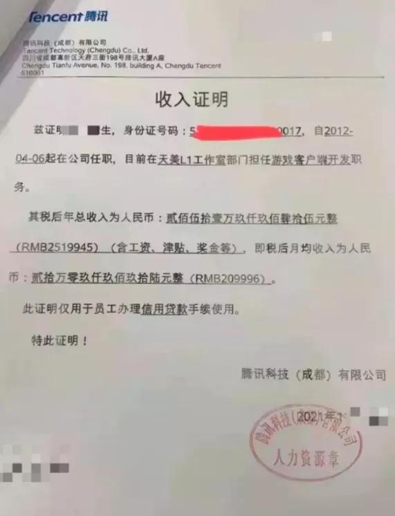 一张251万的收入证明