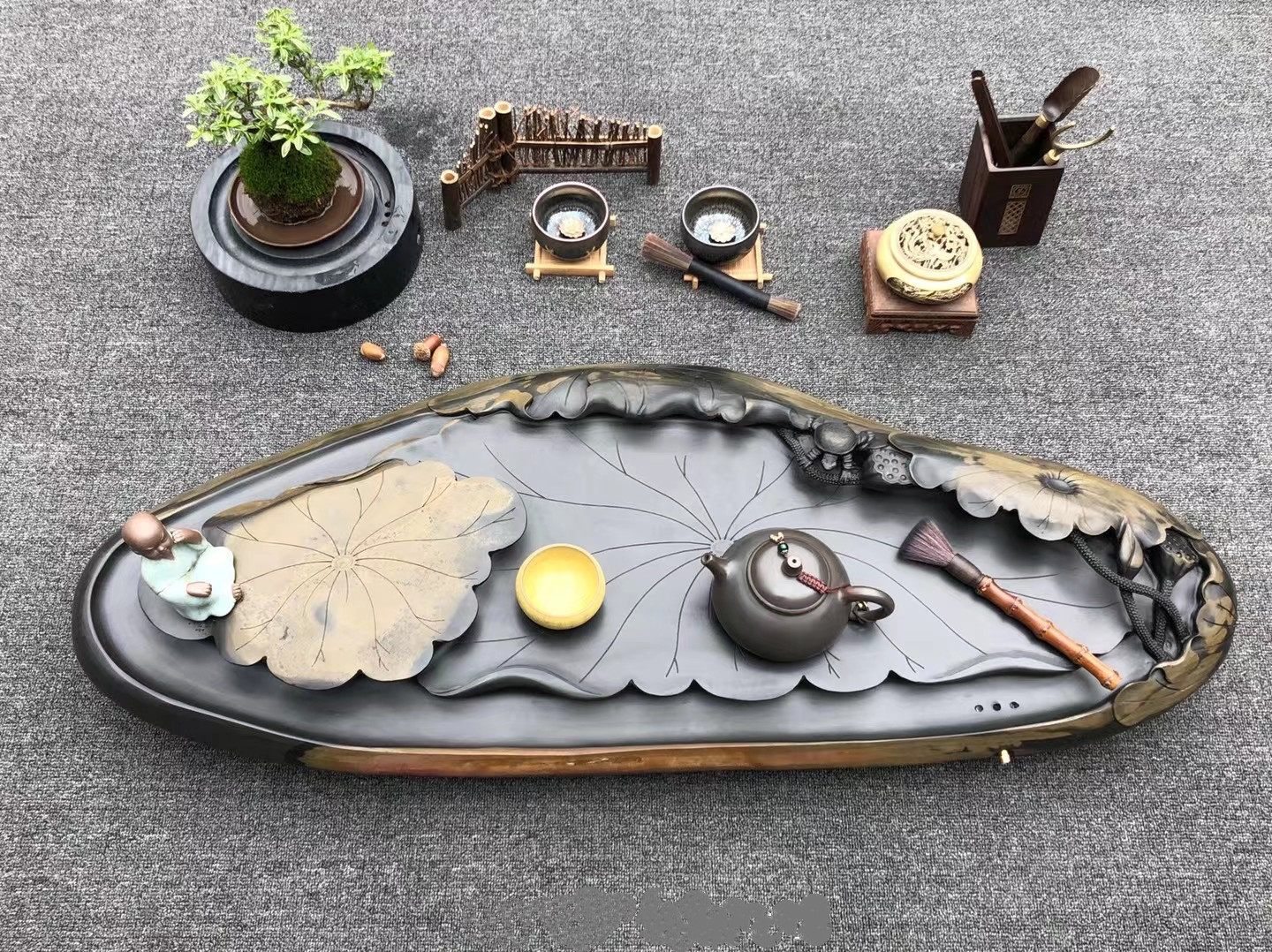 石头茶盘雕刻设计图片欣赏,大理石荷叶茶台雕刻