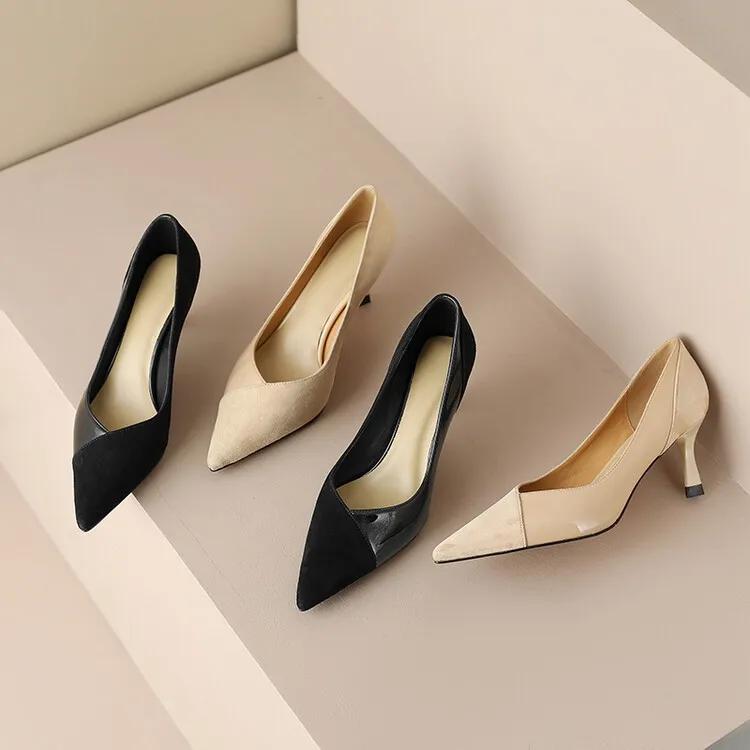 高跟鞋女拼接高级感,玛丽珍粉色拼接高跟鞋