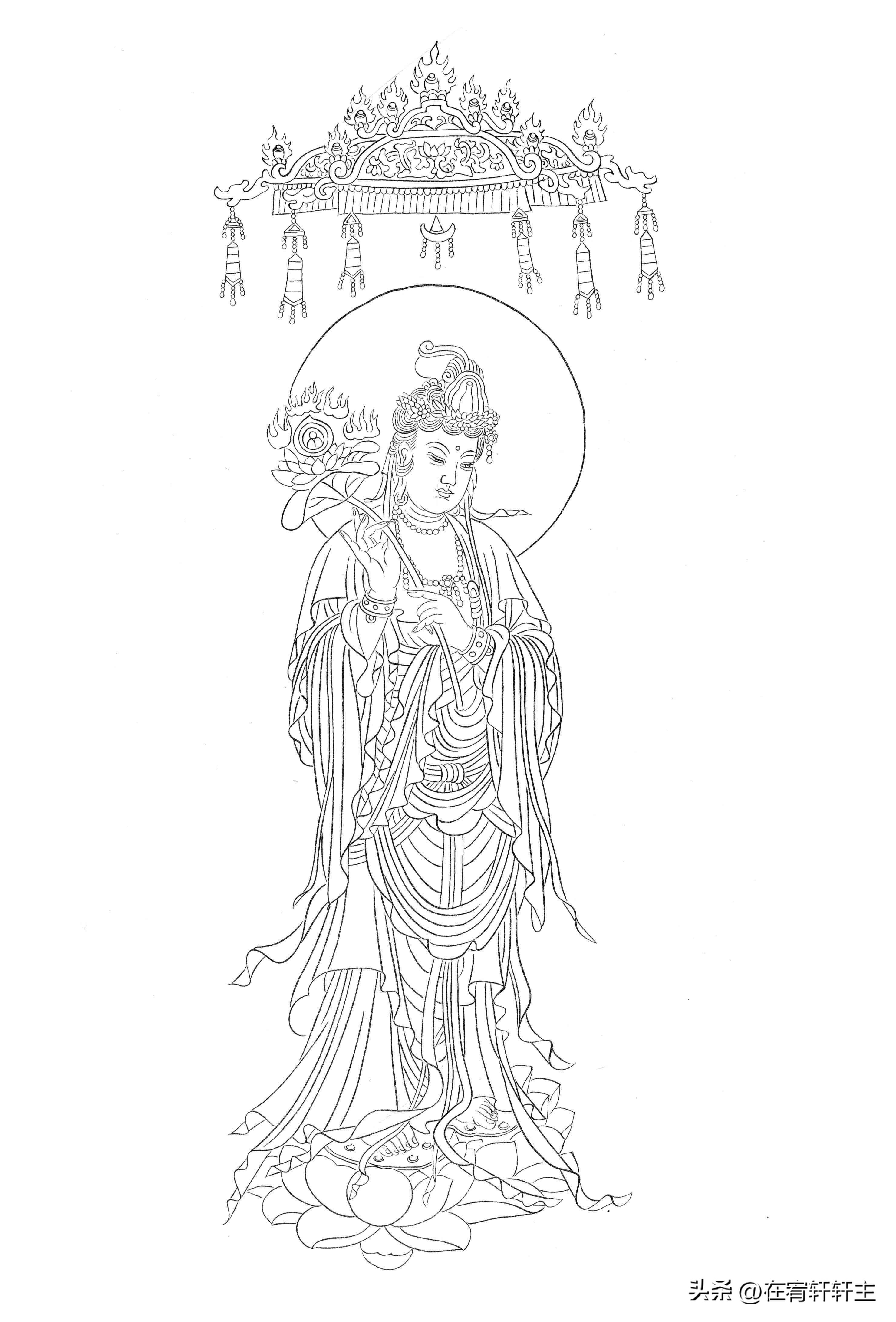 工笔白描观音苏柏斗,工笔画国画白描观音