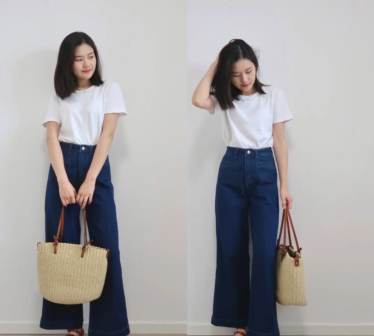 白色t恤搭配蓝色牛仔裤,夏季牛仔裤减龄穿搭