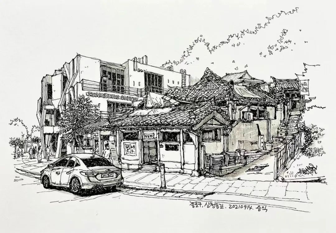 日本画家创作的铅笔街景速写,韩国速写大师