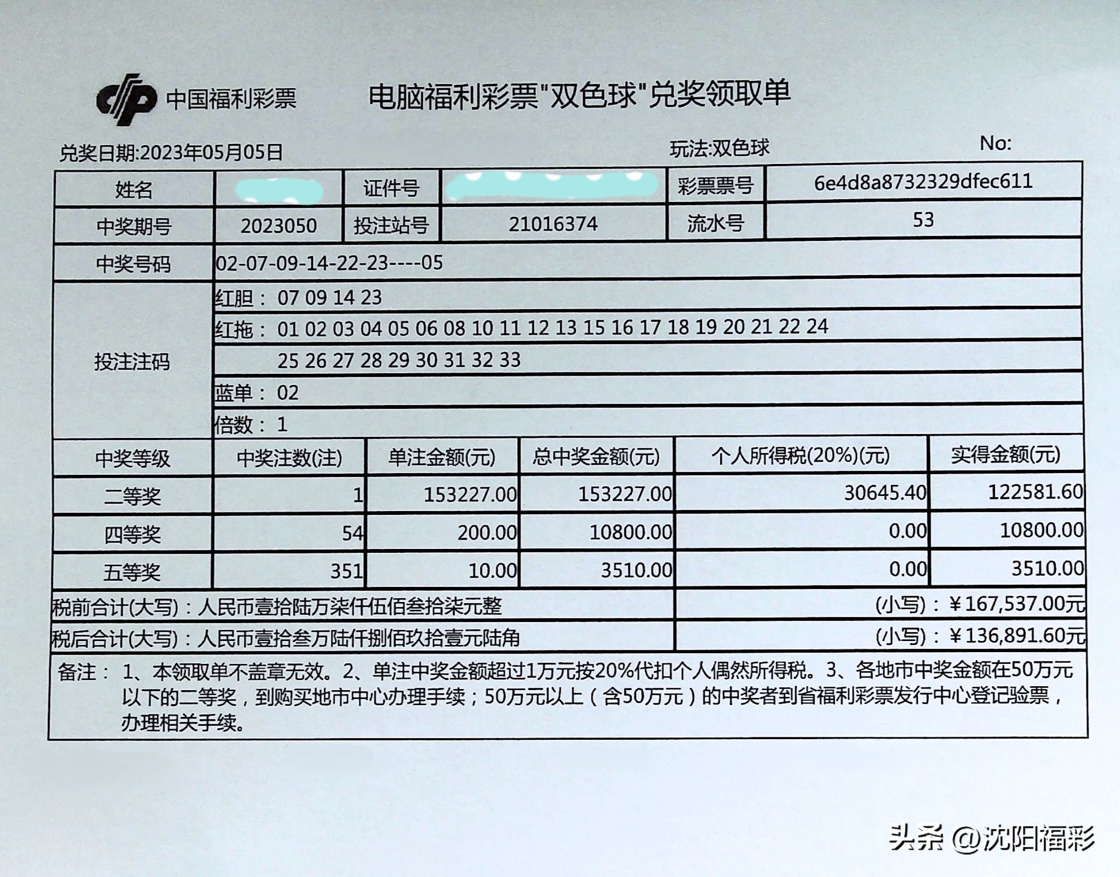 沈阳双色球中奖票样,沈阳彩友中奖