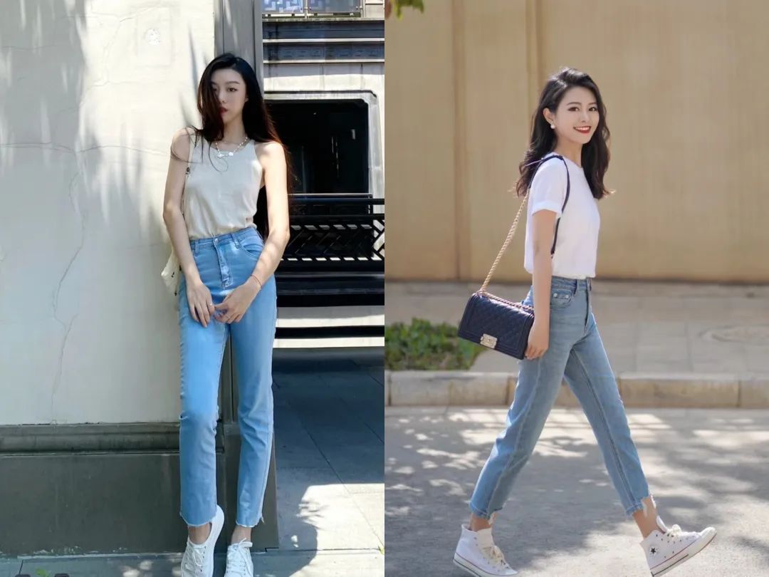 小白鞋搭配的显高牛仔裤,牛仔裤气质百搭小白鞋