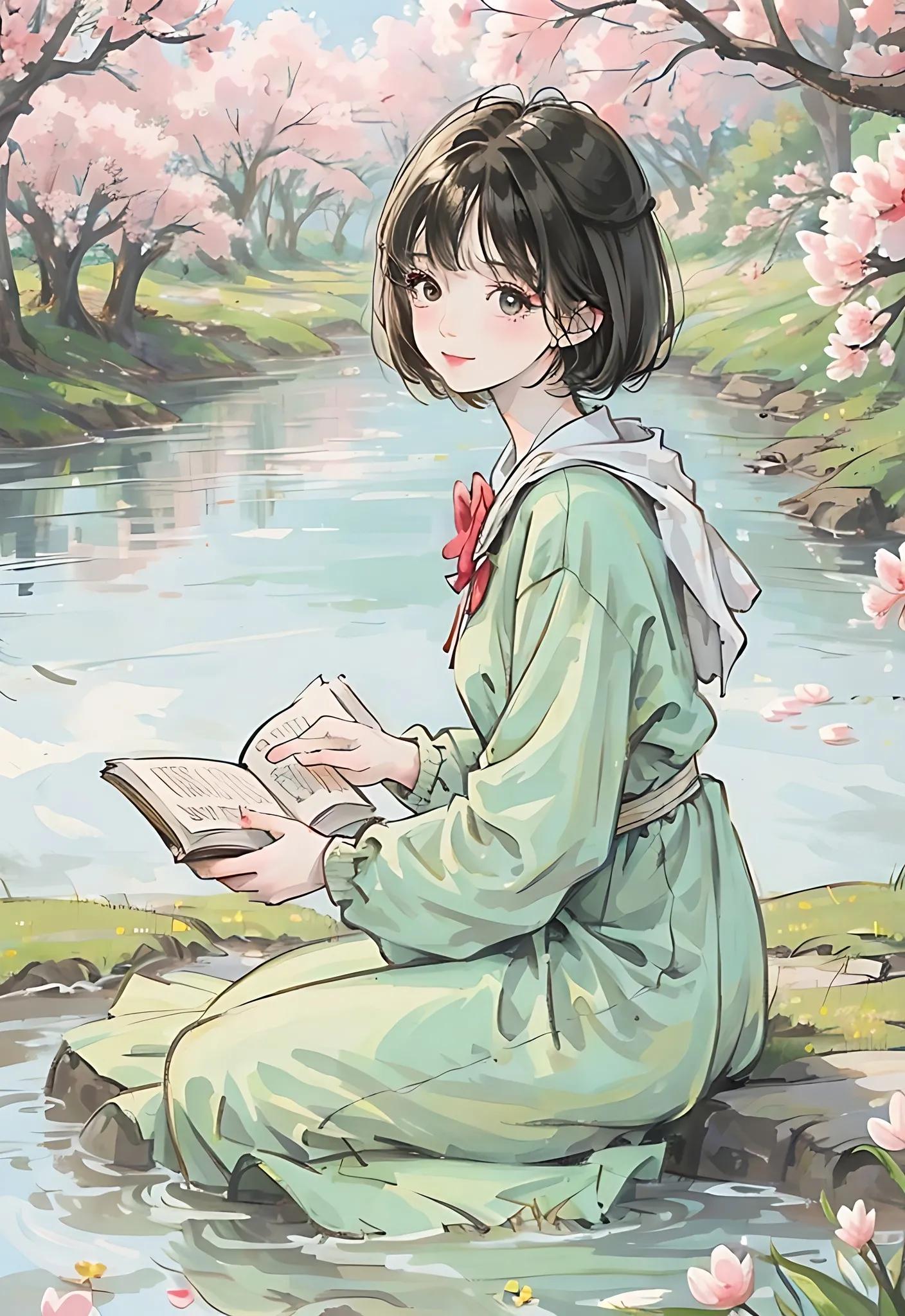 四月唯美插画,三月踏青插画