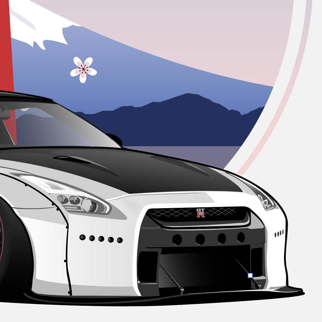 Benjamin手绘汽车壁纸插画东瀛战神日产GTR跑车无水印手机壁纸
