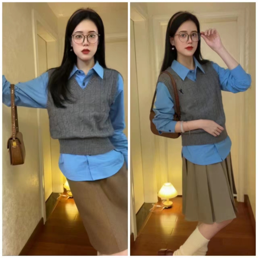 外穿洋气马甲搭格子衬衣,衬衫马甲叠穿什么外套