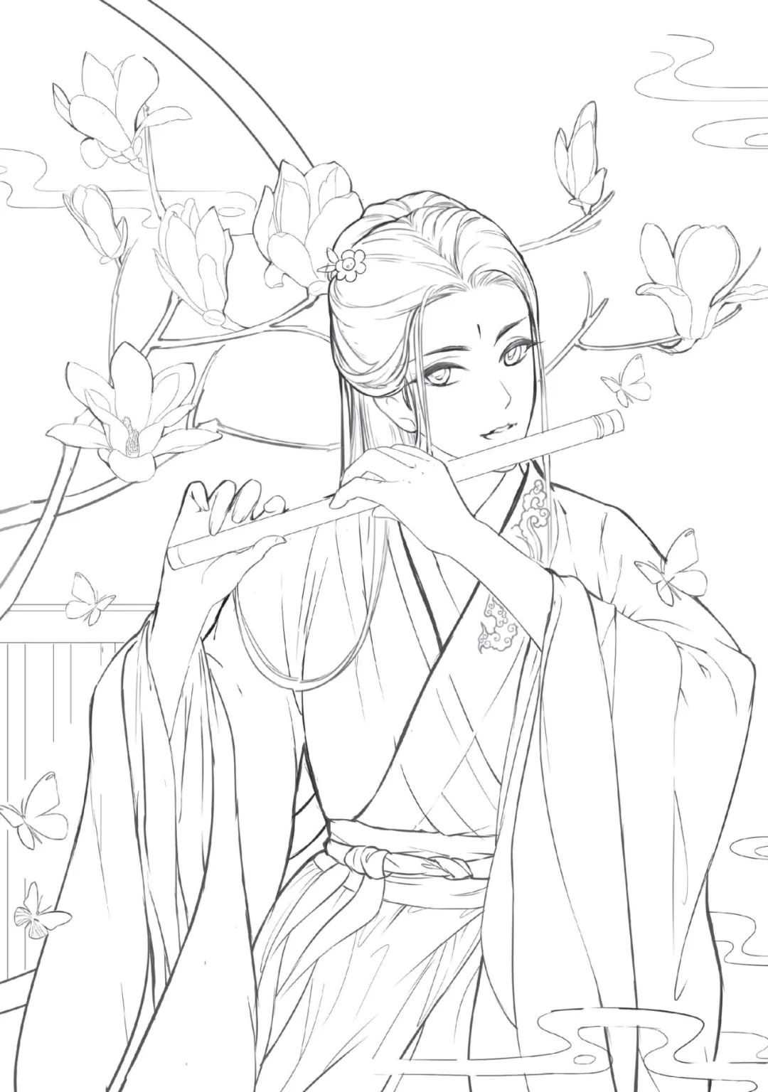 手绘山海经古风人物线稿,手绘动漫古风女生线稿简单