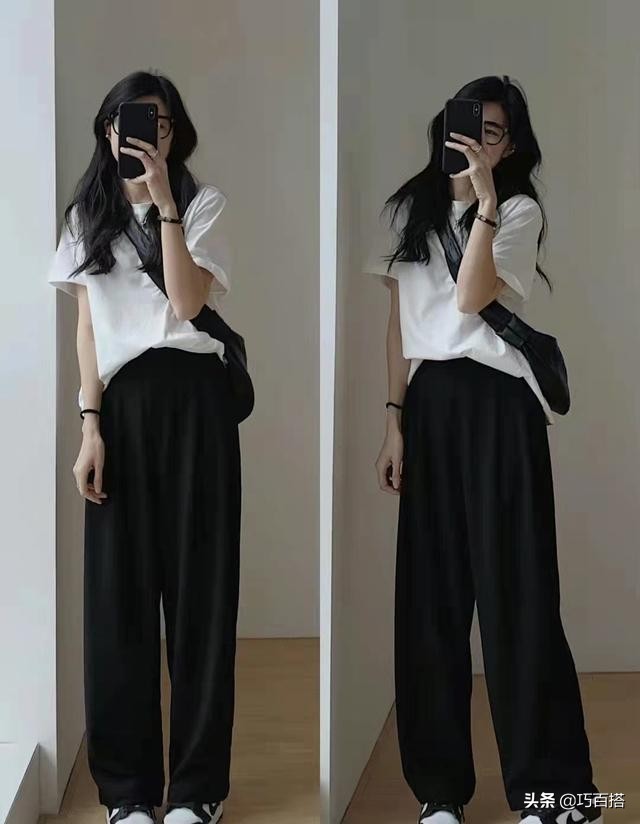 白t恤衫配什么类型的黑裤子好看,大版白t恤怎么搭配时尚感