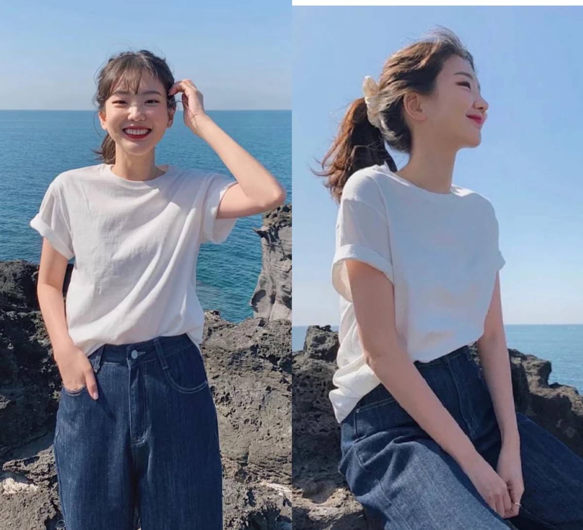 白色t恤搭配蓝色牛仔裤,夏季牛仔裤减龄穿搭