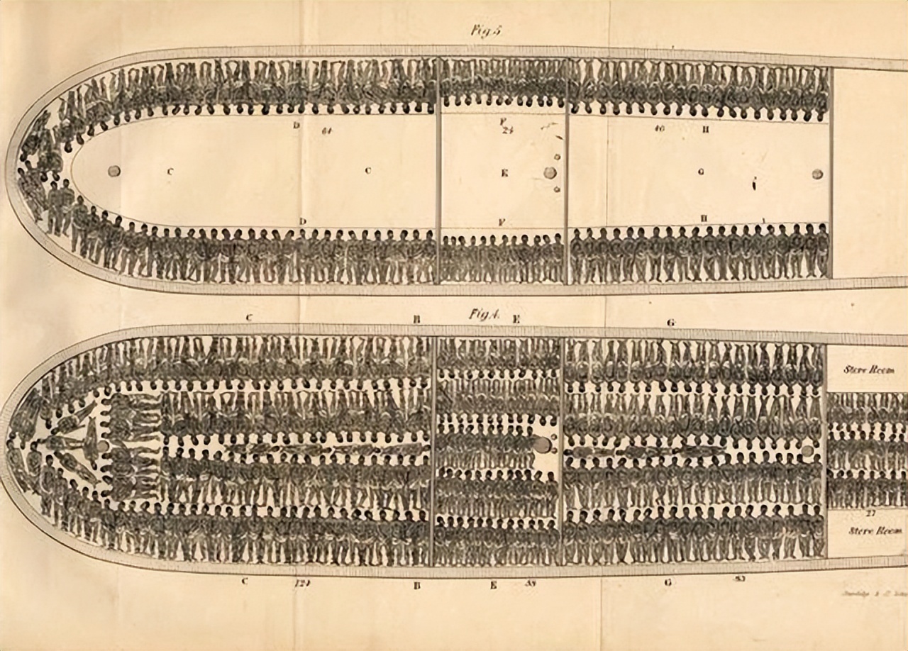 黑奴船上的悲惨生活：男性被关进船舱，女性在甲板上不断发出惨叫