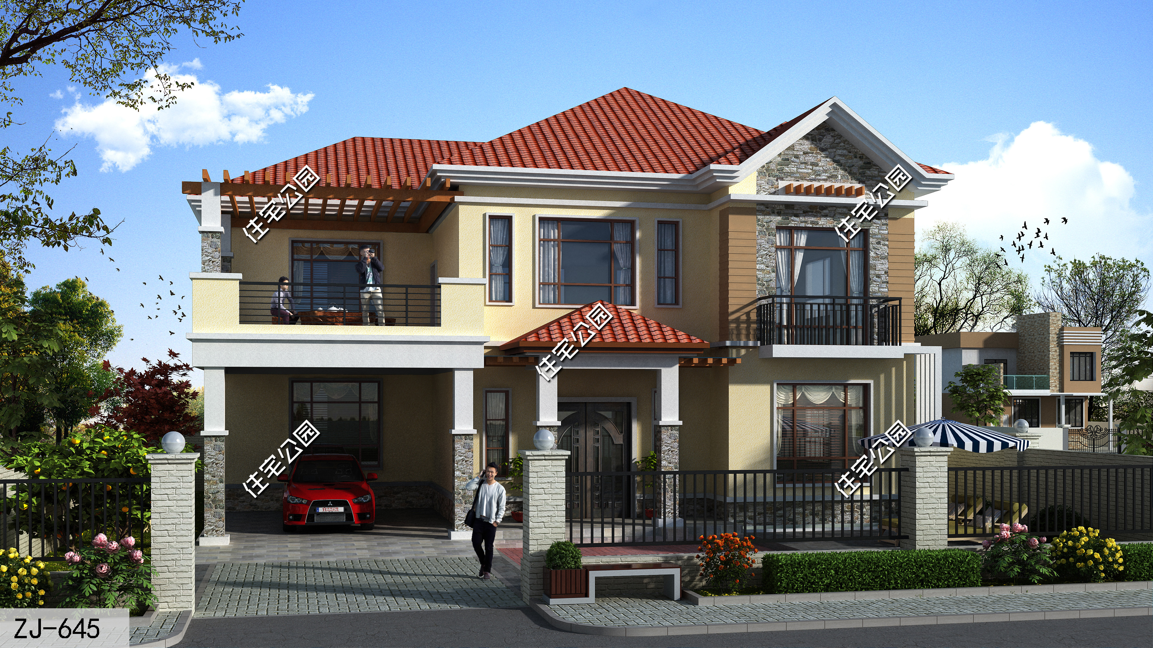 农村自建房二层对称小别墅外观图,开间12.8进深9.9二层别墅怎么设计