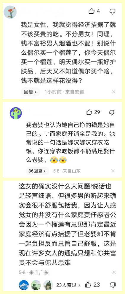 妻子强调自己赚的钱买榴莲，丈夫管不着，是缺少家庭责任感的体现