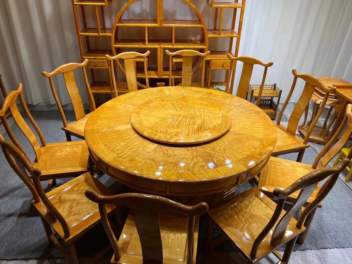 金丝楠木圆形餐桌7件套,金丝楠木圆餐桌水波纹