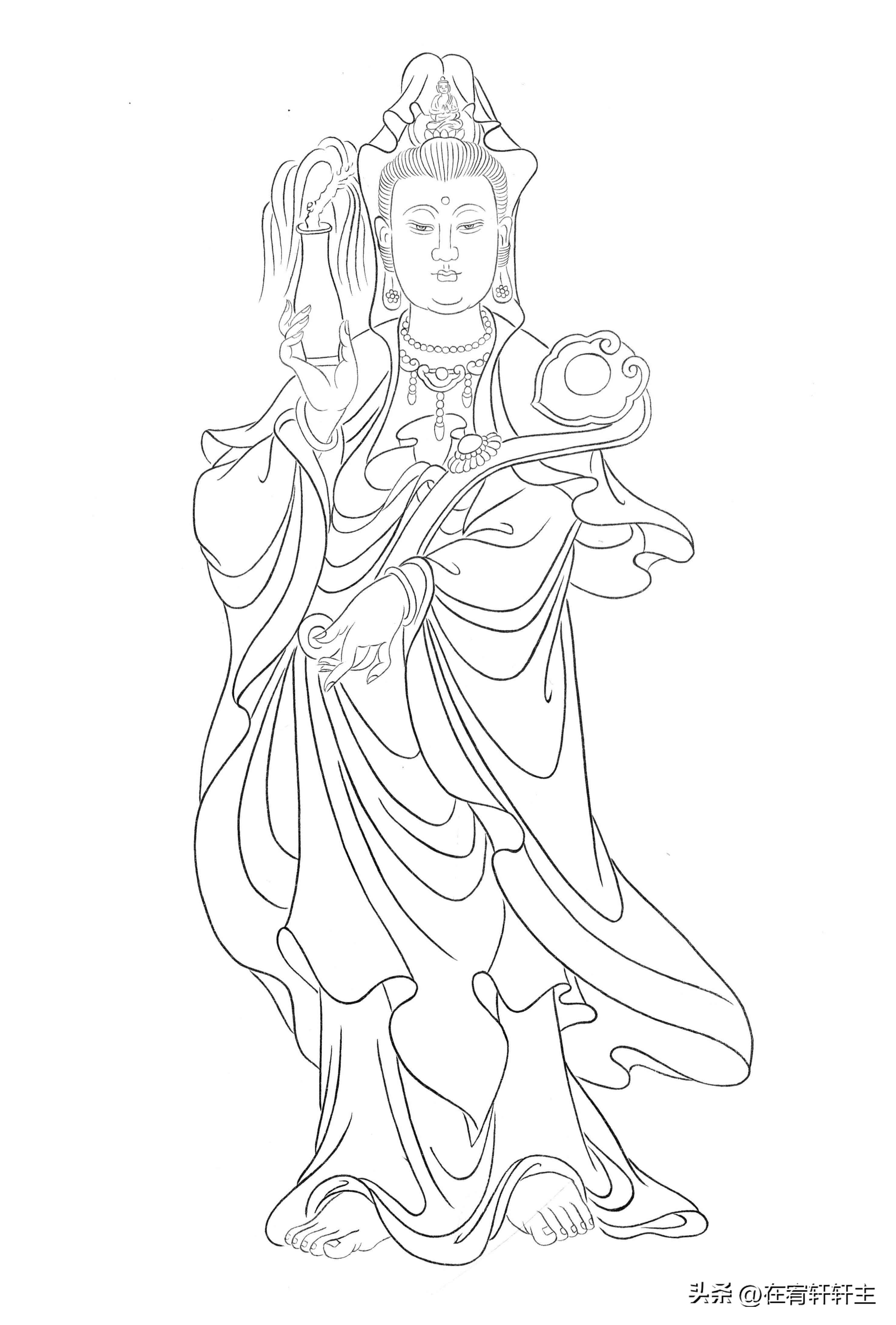 工笔白描观音苏柏斗,工笔画国画白描观音