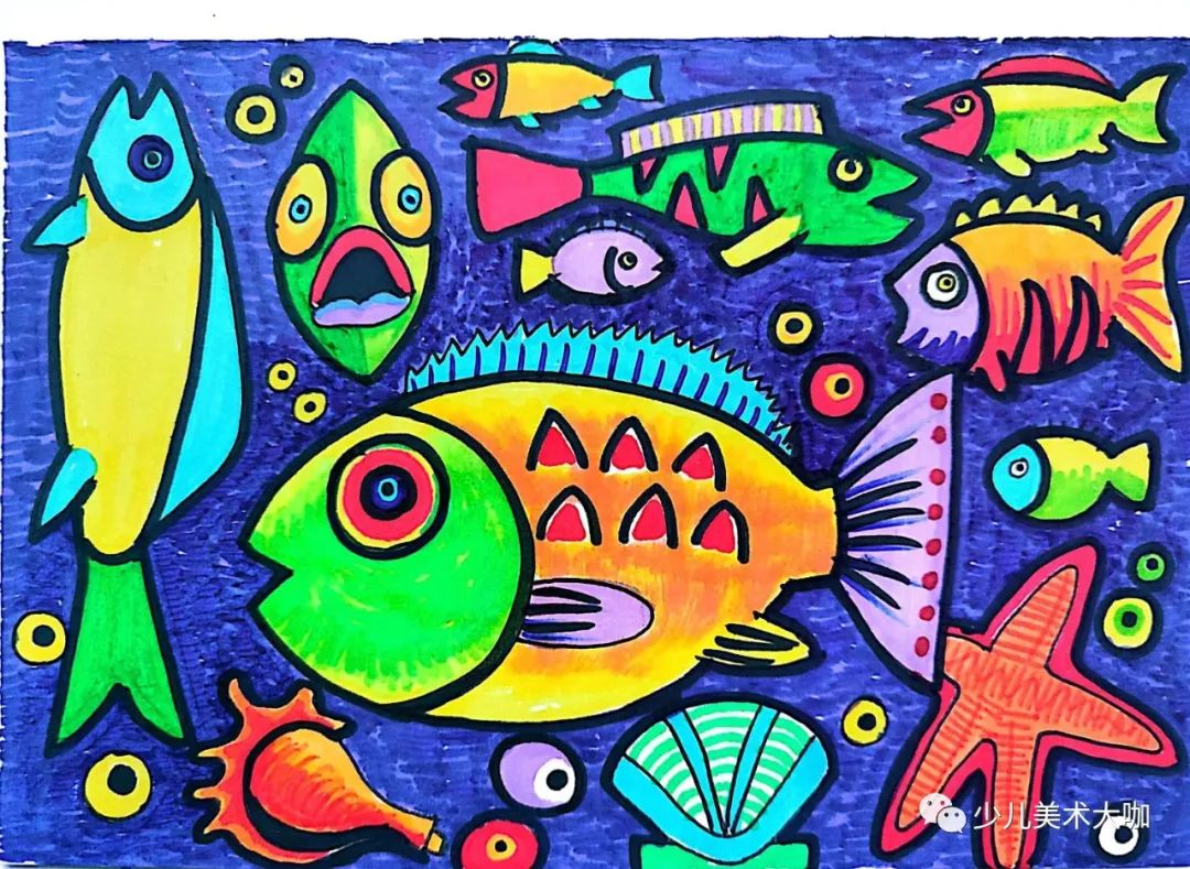 深海鱼群创意美术粘贴画,深海里的鱼群美术教案