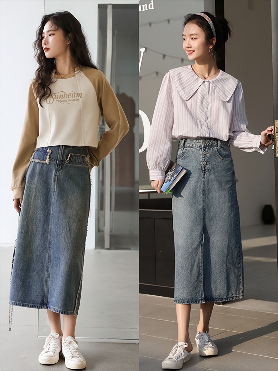 上衣女胖mm显瘦遮肉搭配牛仔裙,初春裙子厚一点