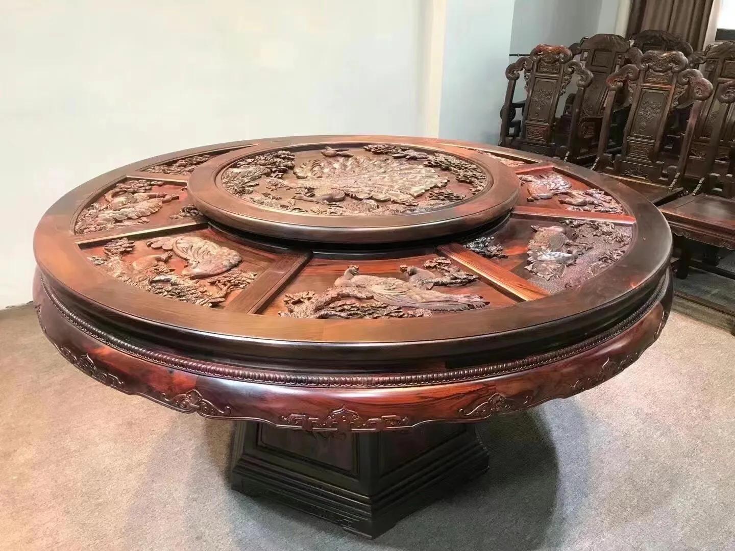 深雕圆餐桌图片大全,孔雀开屏奢石餐桌产地