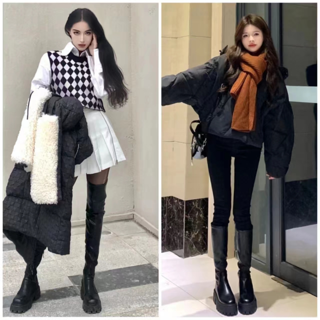 流行的靴子搭配什么衣服图片,中长靴子穿衣搭配图片2020秋冬