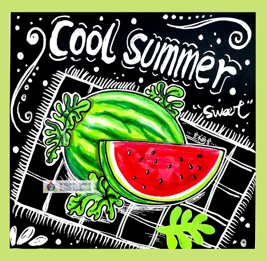 创意儿童画西瓜的画法,儿童画创意画夏天的西瓜和扇子