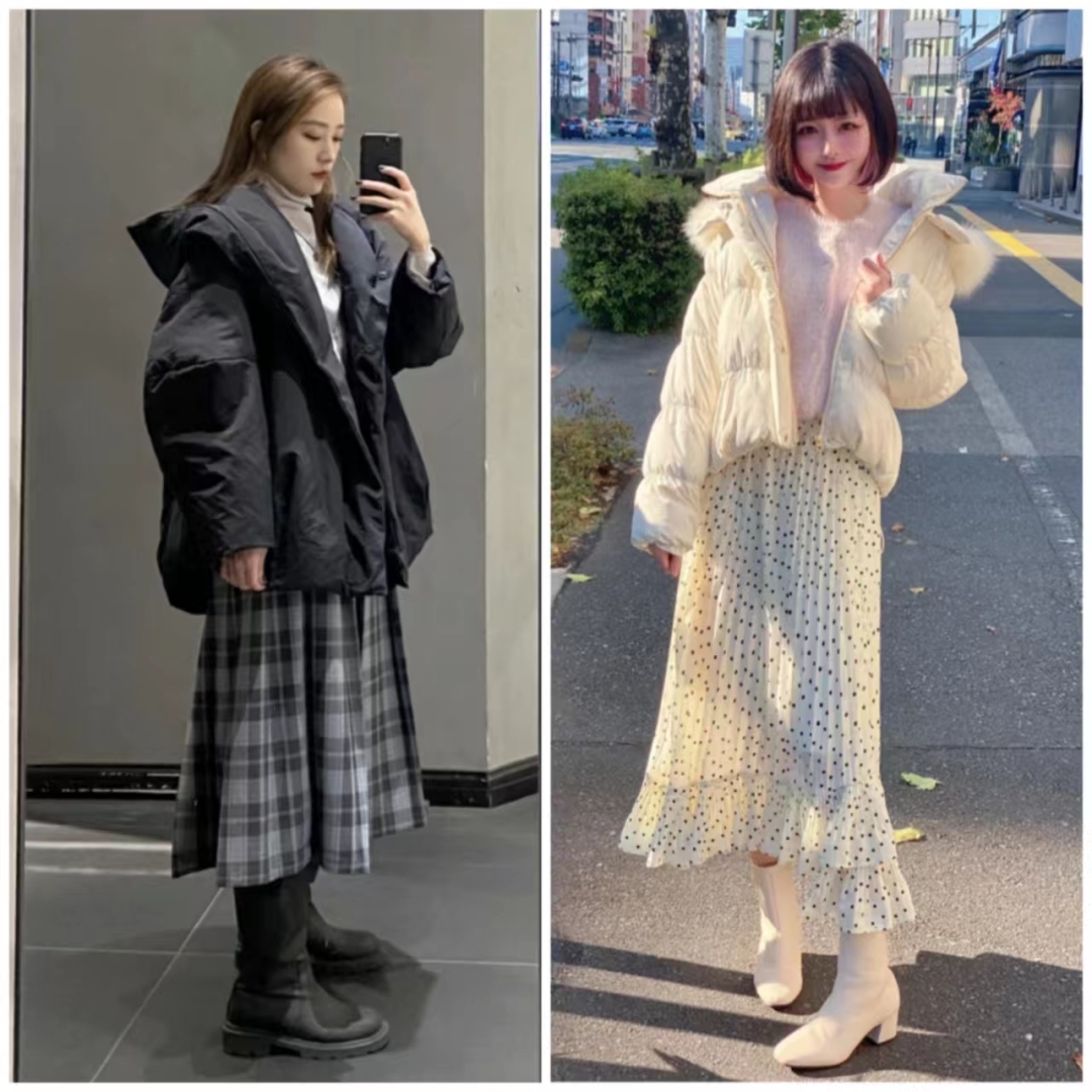 浅蓝色羽绒服怎样搭配黑色半身裙,短款白色羽绒服的最佳搭配半身裙