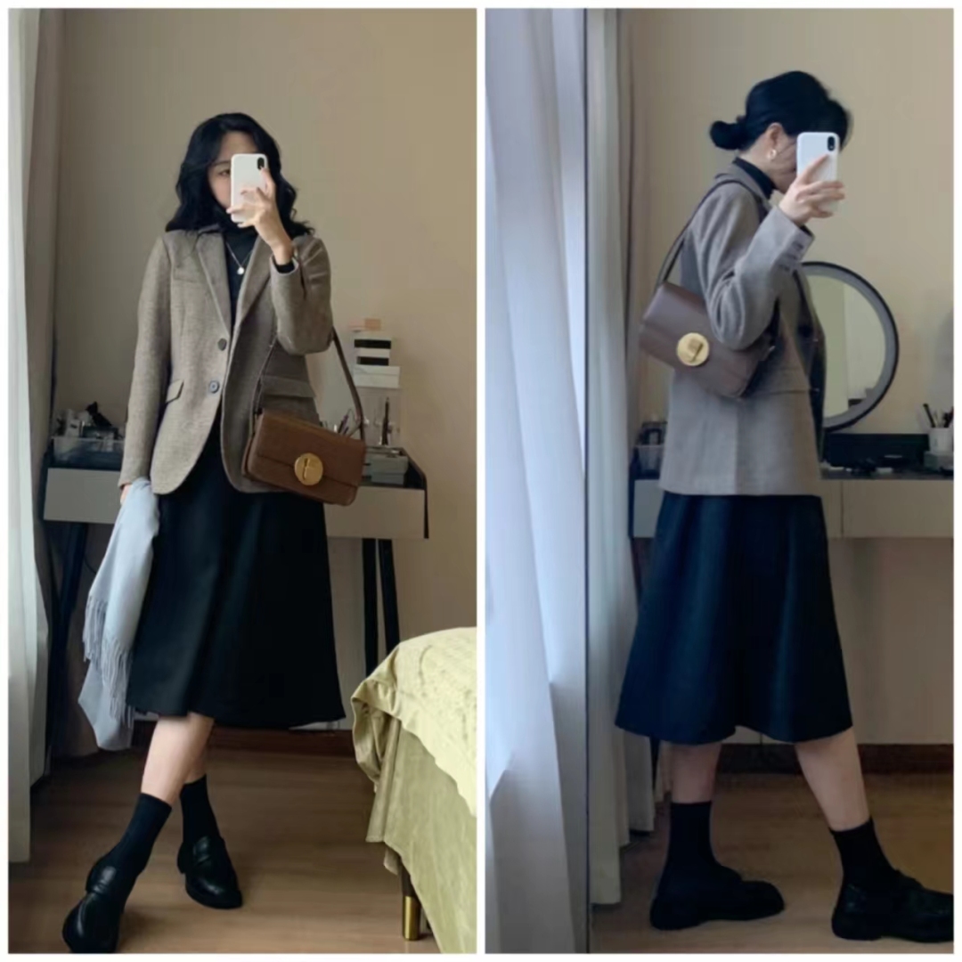 西装长裙搭配西装外套,西装外套配连衣裙气质高级感