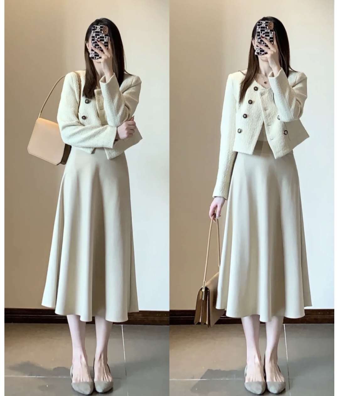 冬季流行鱼尾裙短款羽绒服穿搭,深色羽绒服搭配什么色的半身裙