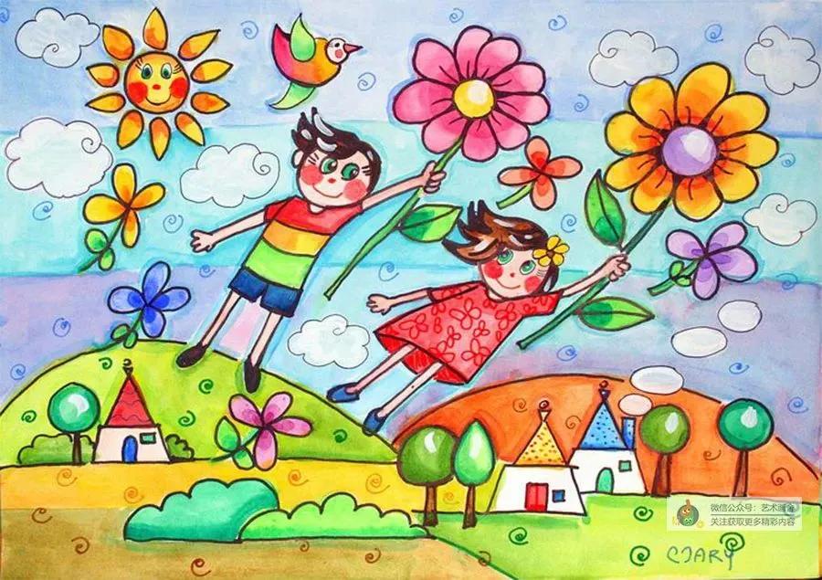 春日荡秋千放风筝儿童画,创意美术春日浪漫郁金香儿童画