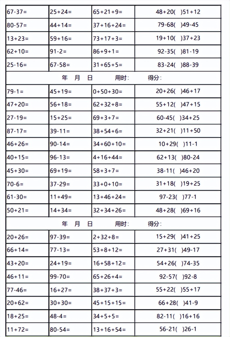 二年级数学100内加减法口算题,二年级100道加减乘口算每日30道