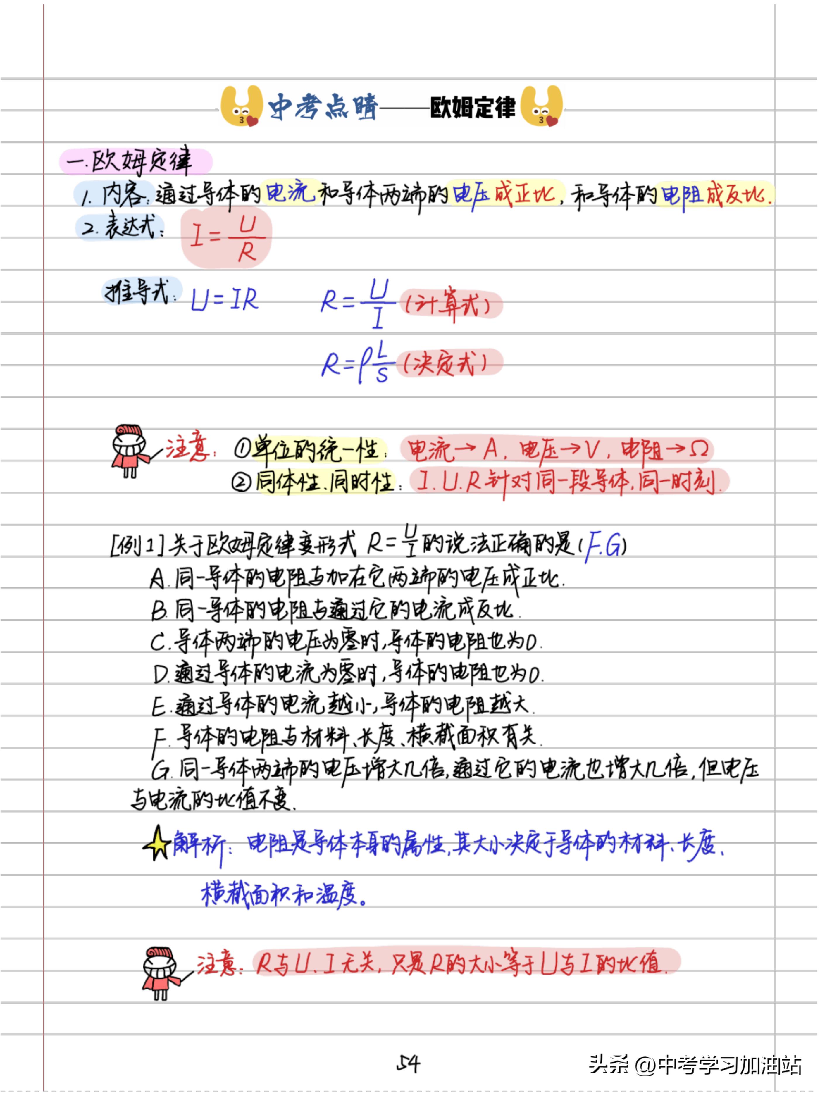 中考状元物理压轴题笔记完整版,物理好老师初中物理彩色学霸笔记