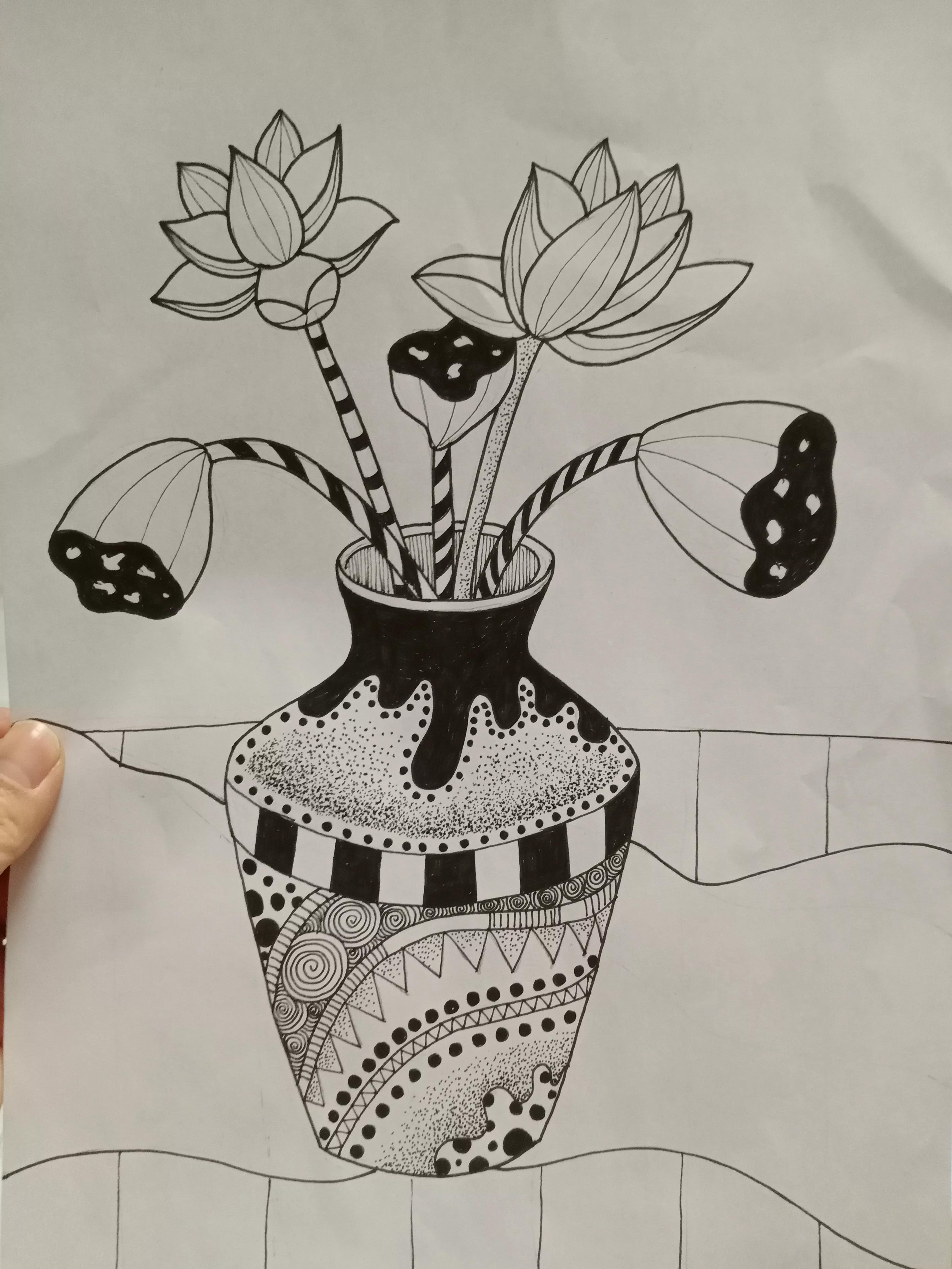 花瓶里的花线描画,线描画花瓶教学视频