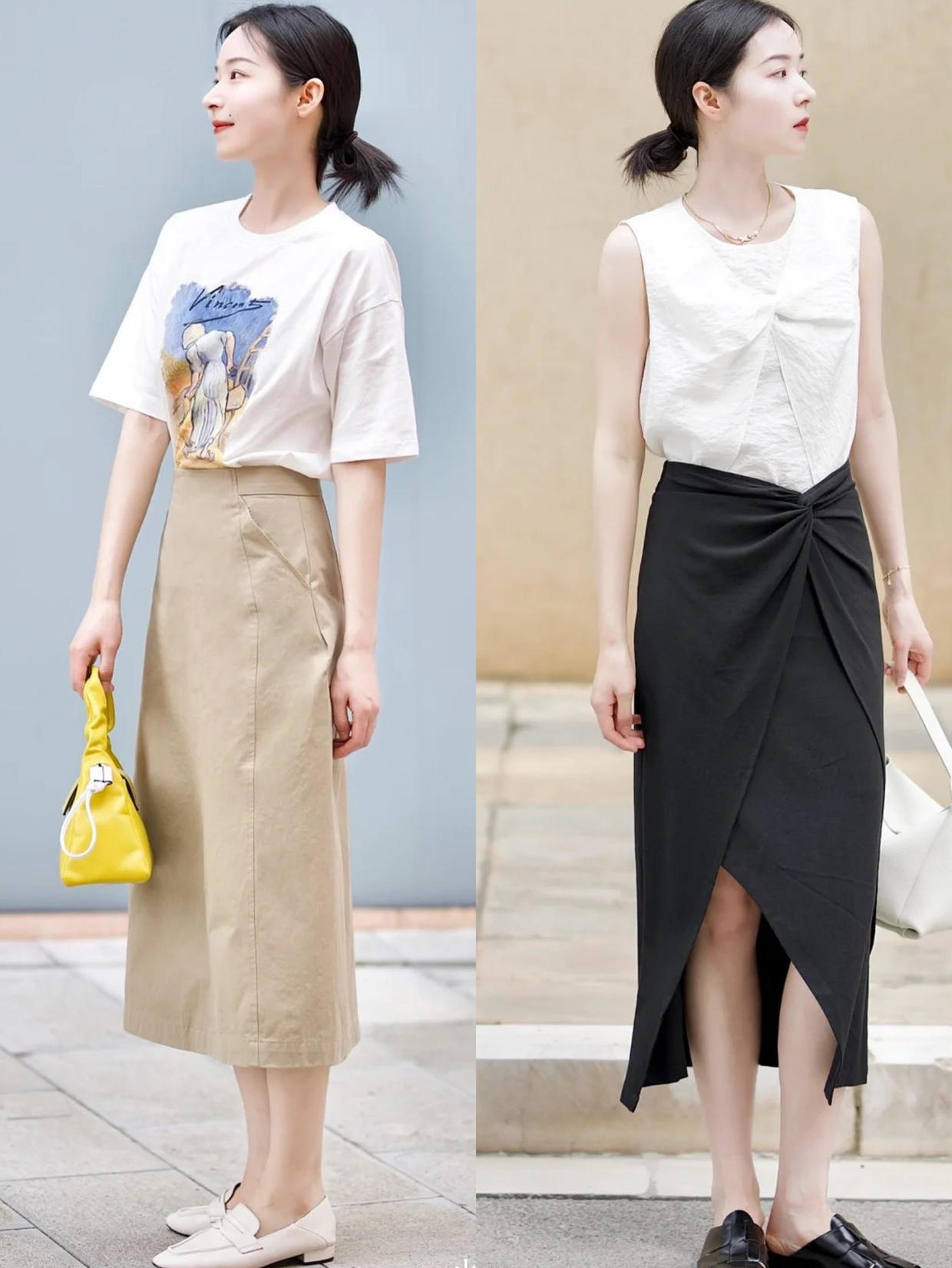 牛仔裤半身裙夏季怎么搭配,中长款t恤裙搭配牛仔裤直筒裤