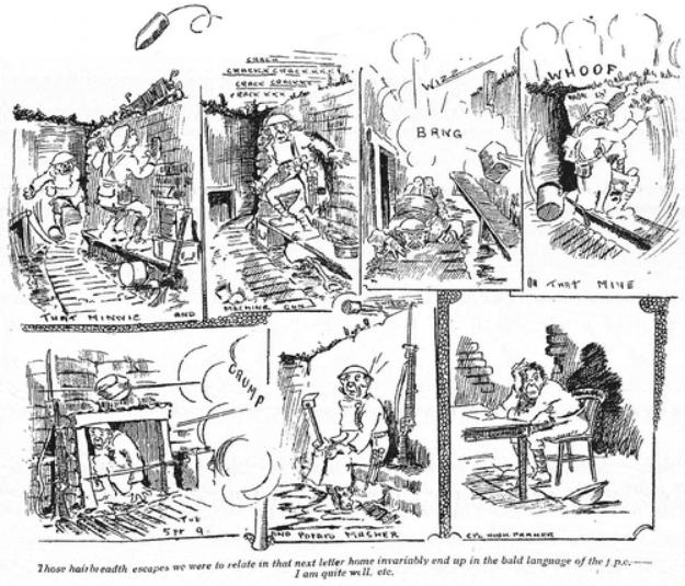 论统治卡通讽刺作为战壕文化叙事，如何描述士兵的抱怨和忍耐？