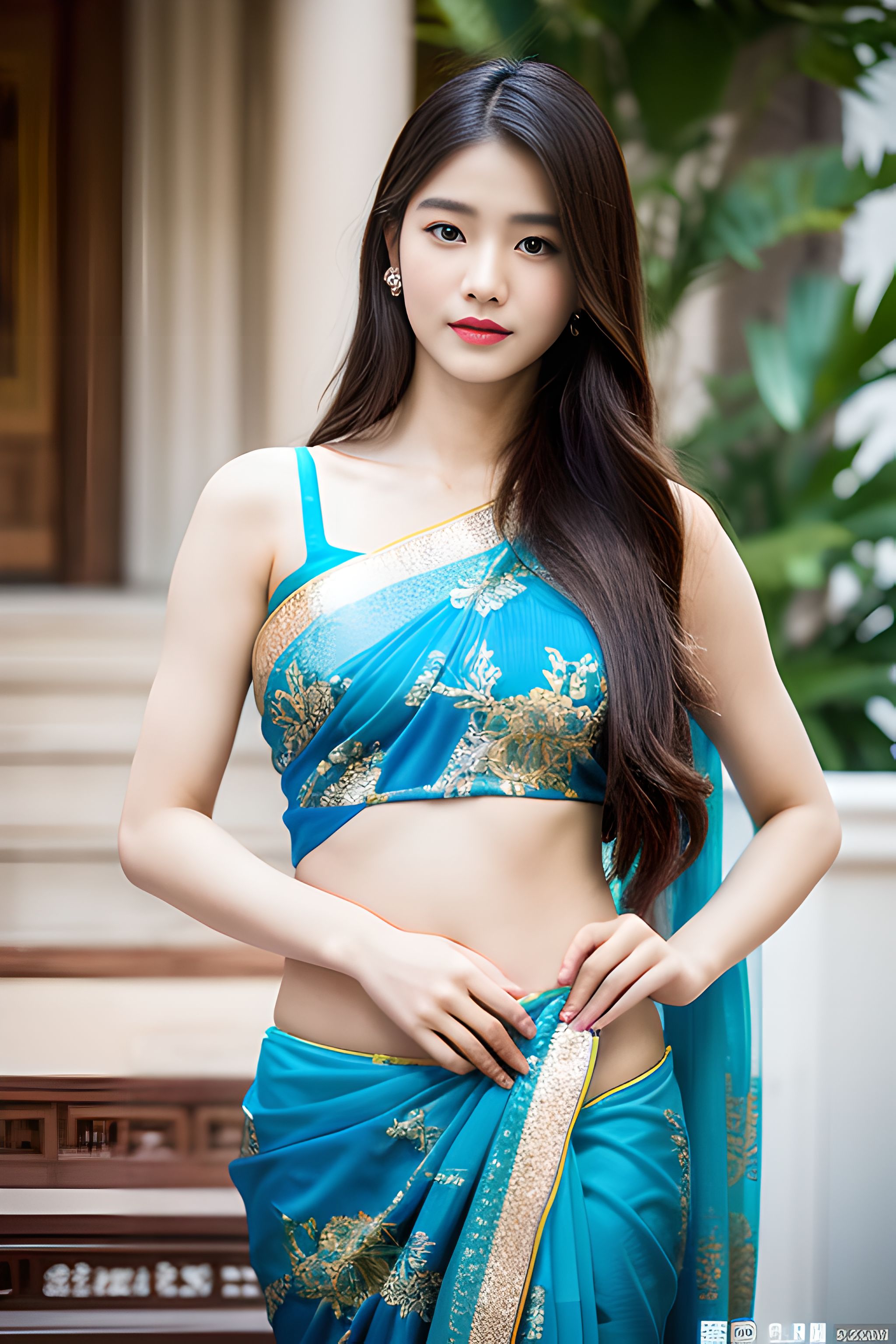 一袭青衣薄纱轻盈灵动,纱丽的穿衣搭配