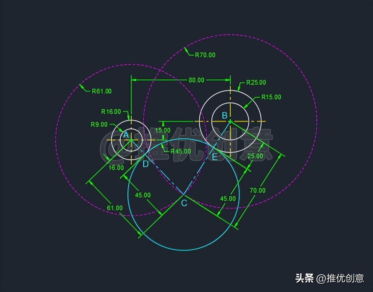 autocad内切和外切圆画法,内切相减外切相加