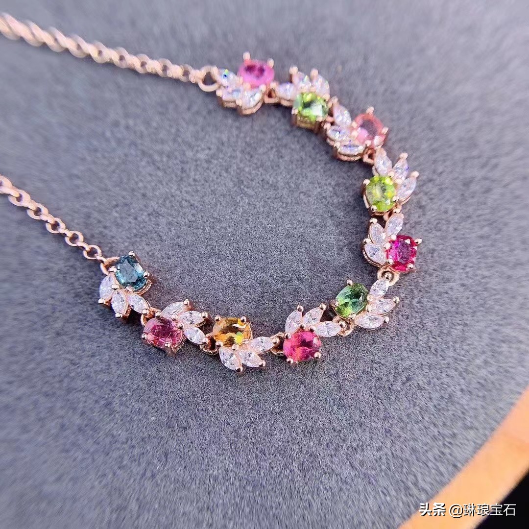 18k金天然碧玺手链长18cm可调节,纯天然彩虹亮色碧玺多圈手链
