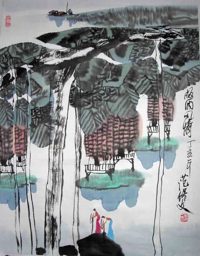 他笔下的江南山水灵秀葱郁，不失辽阔意远