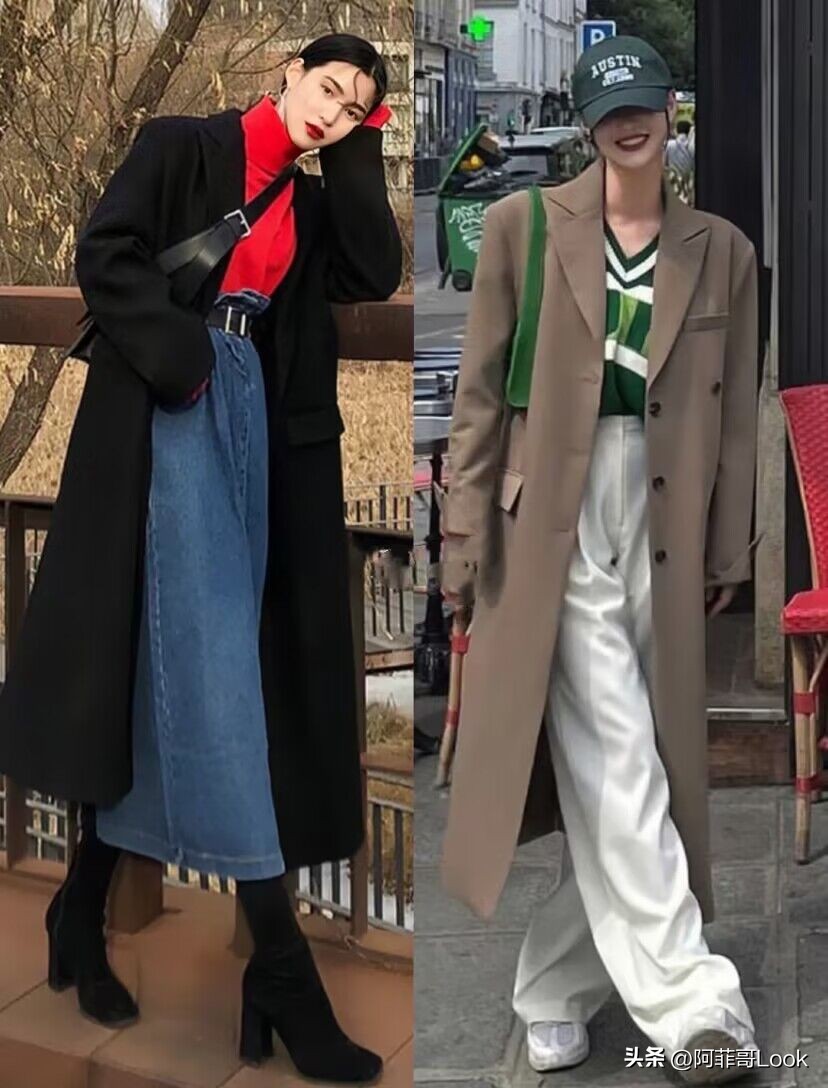 韩国人大衣气场,韩国显高穿搭中款格子大衣