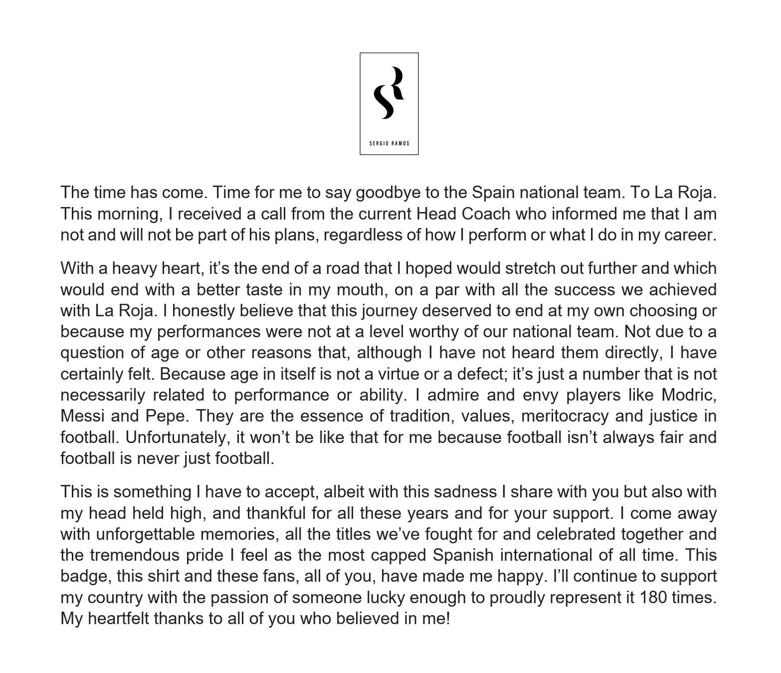 拉莫斯发文宣布退出西班牙队,36岁拉莫斯从西班牙国家队退役