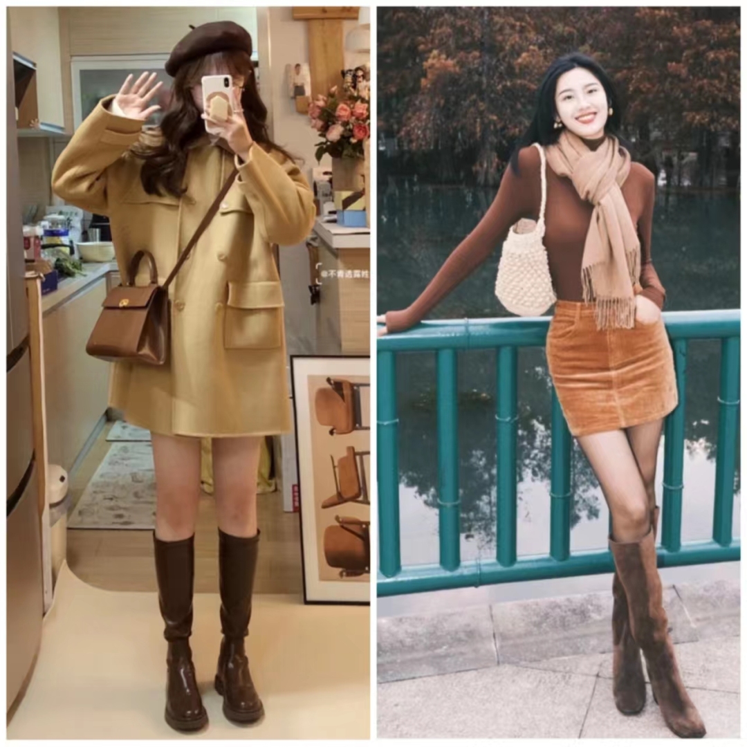 好穿又好搭时尚长筒宽靴,棕色长筒靴子女2022爆款洋气气质