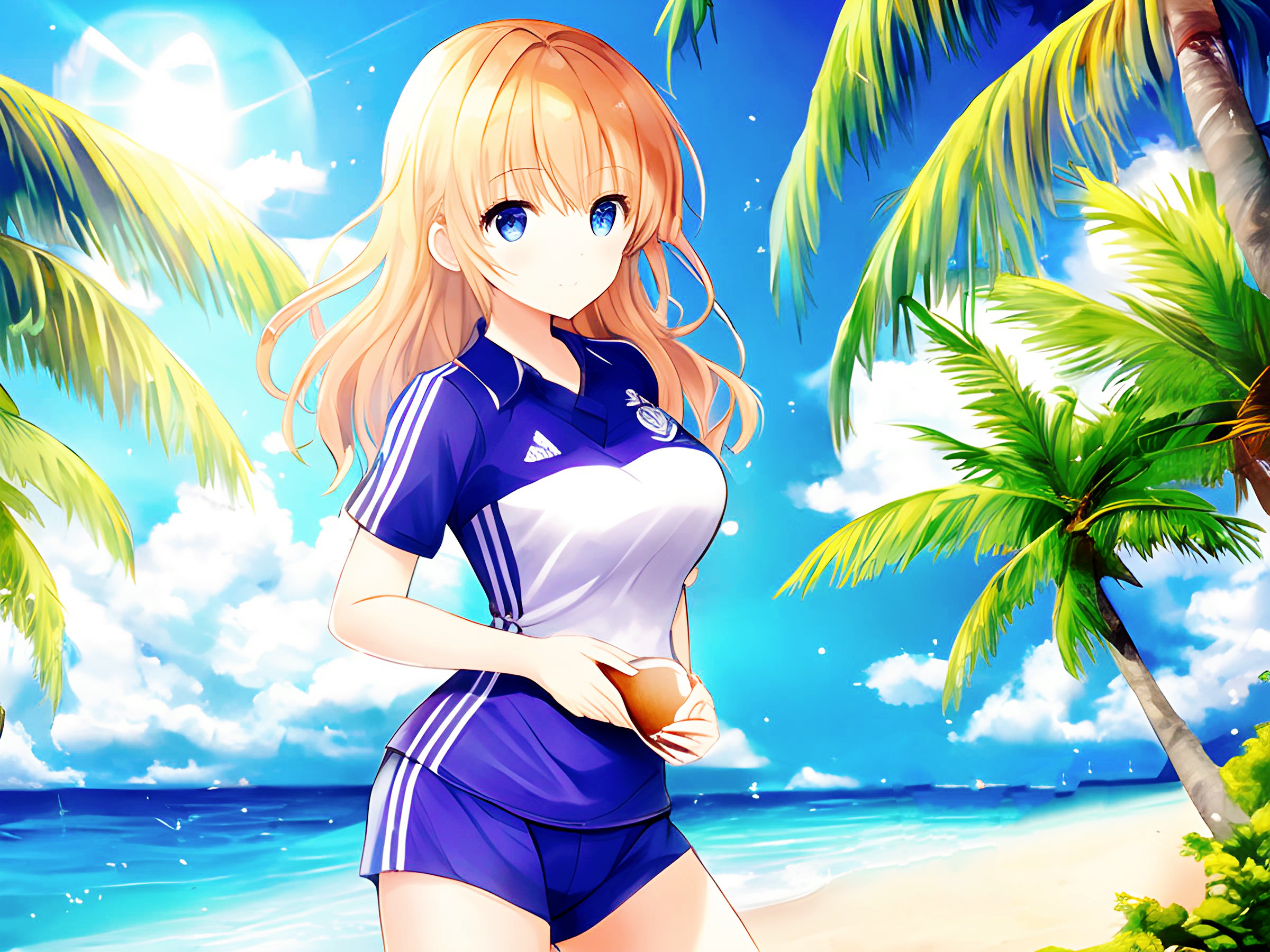 ai绘画夏日沙滩美女壁纸,二次元美少女壁纸足球